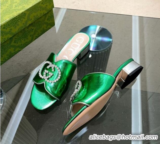 Low Price Gucci Metallic Leather Heel Slide Sandals 2cm with Crystal Interlocking G Green 0209102