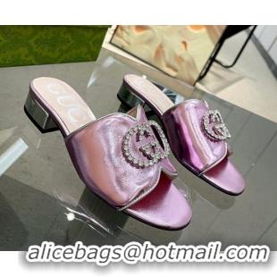 Hot Style Gucci Metallic Leather Heel Slide Sandals 2cm with Crystal Interlocking G Pink 0209103