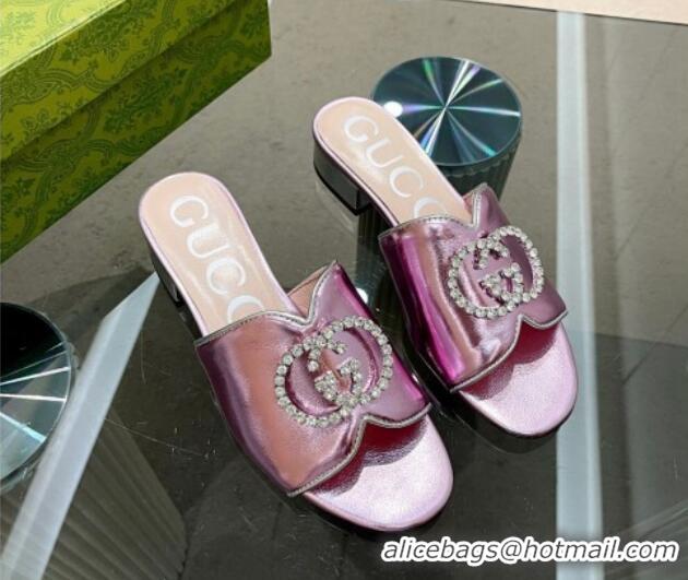 Hot Style Gucci Metallic Leather Heel Slide Sandals 2cm with Crystal Interlocking G Pink 0209103