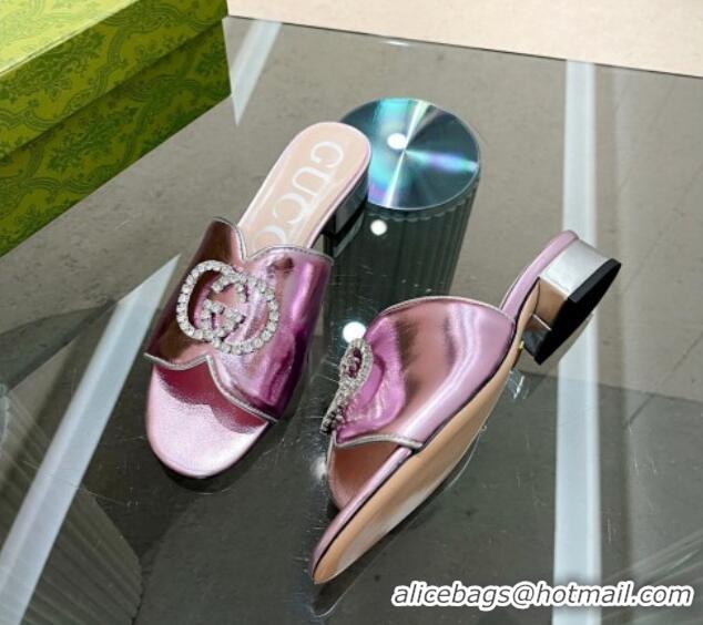 Hot Style Gucci Metallic Leather Heel Slide Sandals 2cm with Crystal Interlocking G Pink 0209103