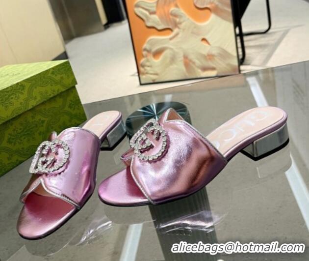 Hot Style Gucci Metallic Leather Heel Slide Sandals 2cm with Crystal Interlocking G Pink 0209103