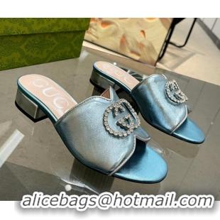 Purchase Gucci Metallic Leather Heel Slide Sandals 2cm with Crystal Interlocking G Blue 0209104