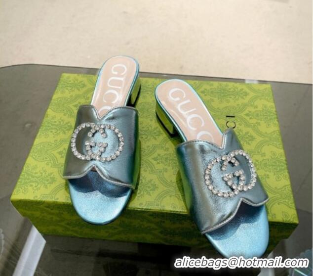 Purchase Gucci Metallic Leather Heel Slide Sandals 2cm with Crystal Interlocking G Blue 0209104