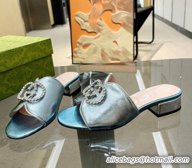 Purchase Gucci Metallic Leather Heel Slide Sandals 2cm with Crystal Interlocking G Blue 0209104