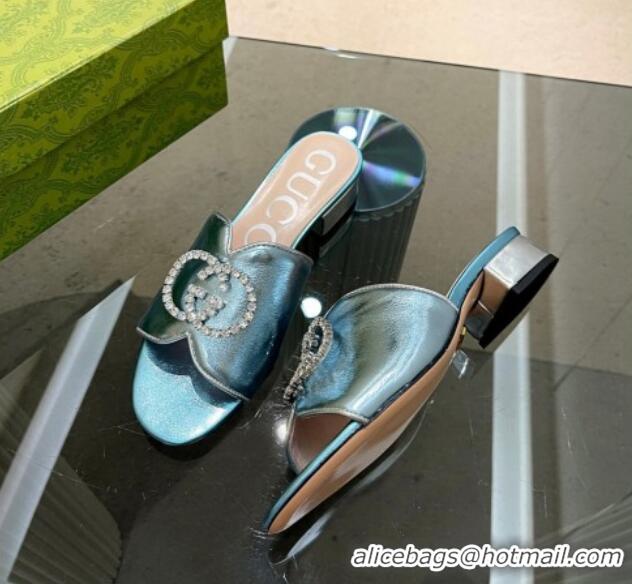 Purchase Gucci Metallic Leather Heel Slide Sandals 2cm with Crystal Interlocking G Blue 0209104