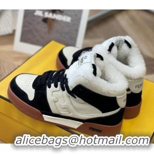 Classic Hot Fendi Match Shearling High-top Sneakers in Grained Leather and Suede White/Black 120188