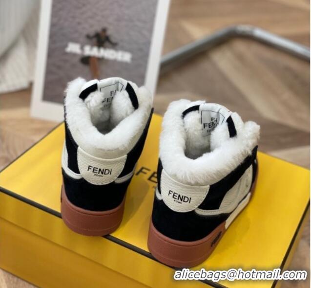 Classic Hot Fendi Match Shearling High-top Sneakers in Grained Leather and Suede White/Black 120188