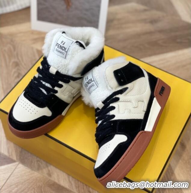 Classic Hot Fendi Match Shearling High-top Sneakers in Grained Leather and Suede White/Black 120188