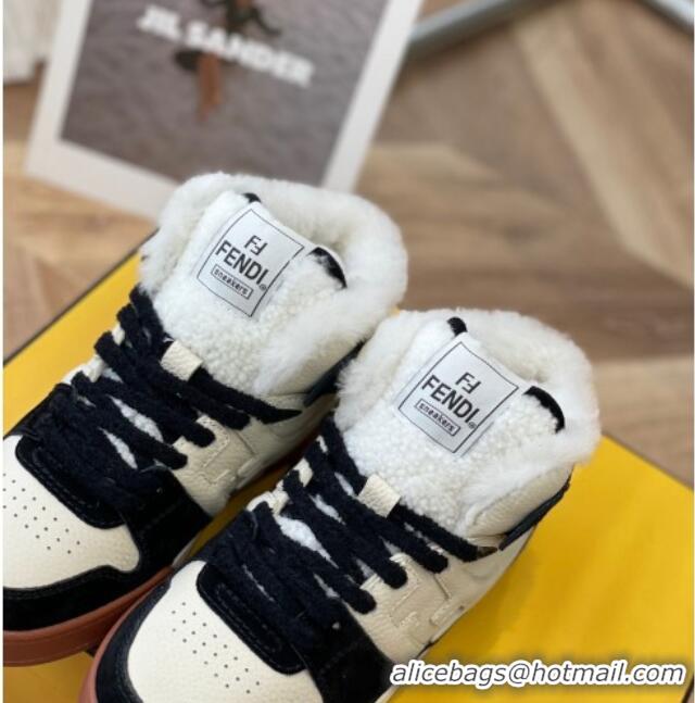 Classic Hot Fendi Match Shearling High-top Sneakers in Grained Leather and Suede White/Black 120188