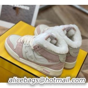 Discount Fendi Match Shearling High-top Sneakers in Grained Leather and Suede White/Pink 120189