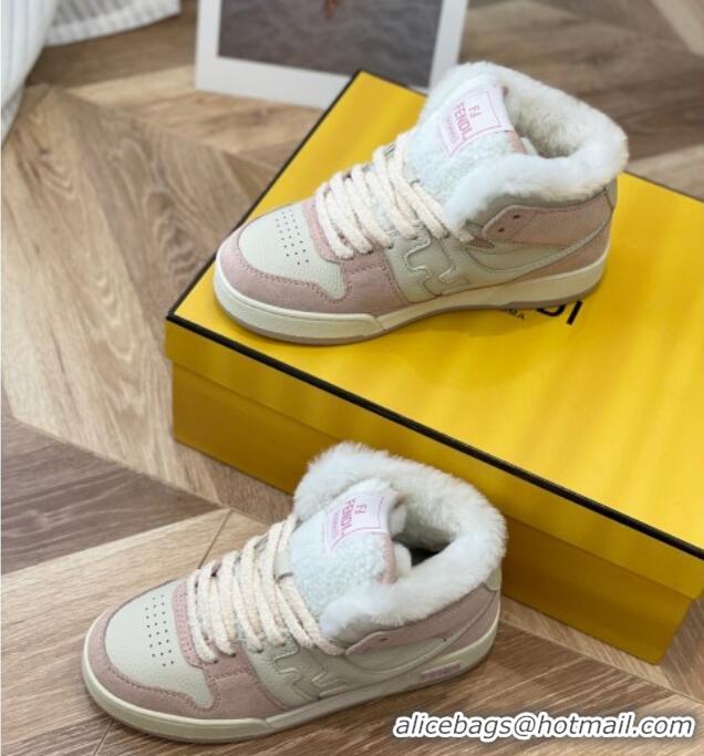 Discount Fendi Match Shearling High-top Sneakers in Grained Leather and Suede White/Pink 120189