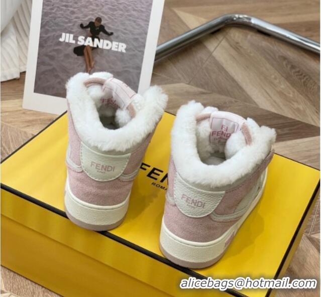 Discount Fendi Match Shearling High-top Sneakers in Grained Leather and Suede White/Pink 120189