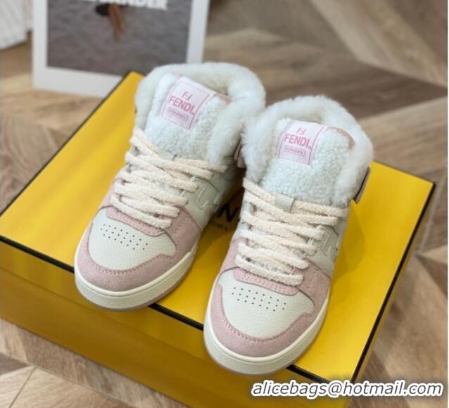 Discount Fendi Match Shearling High-top Sneakers in Grained Leather and Suede White/Pink 120189