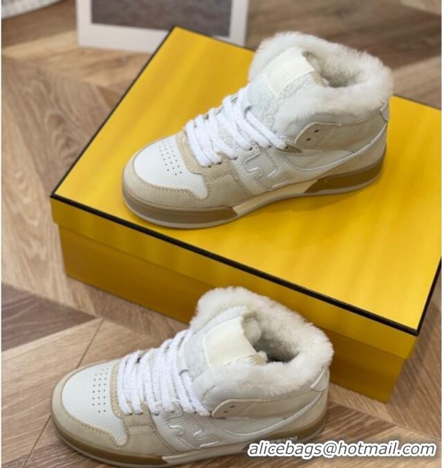 Perfect Fendi Match Shearling High-top Sneakers in Grained Leather and Suede White/Beige 120190