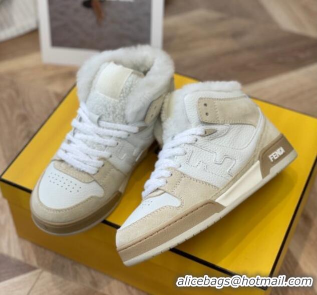 Perfect Fendi Match Shearling High-top Sneakers in Grained Leather and Suede White/Beige 120190