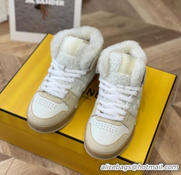 Perfect Fendi Match Shearling High-top Sneakers in Grained Leather and Suede White/Beige 120190