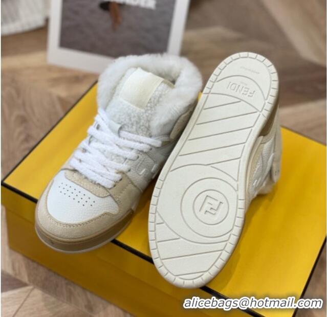 Perfect Fendi Match Shearling High-top Sneakers in Grained Leather and Suede White/Beige 120190