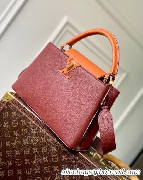 Inexpensive Louis Vuitton Capucines MM Bag in Taurillon leather with Ostrich Leather N81409 Dark Cherry-red 2023