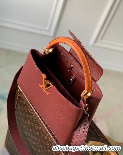 Inexpensive Louis Vuitton Capucines MM Bag in Taurillon leather with Ostrich Leather N81409 Dark Cherry-red 2023