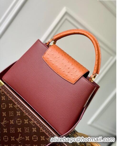 Inexpensive Louis Vuitton Capucines MM Bag in Taurillon leather with Ostrich Leather N81409 Dark Cherry-red 2023