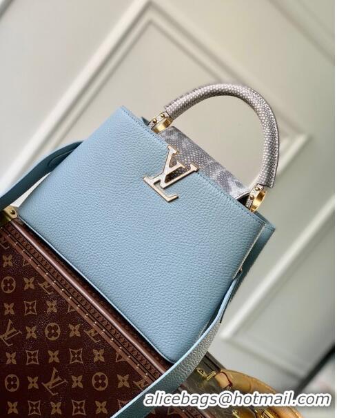 Elegant Promotional Louis Vuitton Capucines BB Bag in Taurillon Calfskin with Exotic Karung Leather M21166 Blue 2023