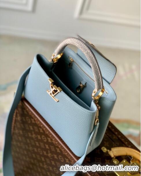 Elegant Promotional Louis Vuitton Capucines BB Bag in Taurillon Calfskin with Exotic Karung Leather M21166 Blue 2023