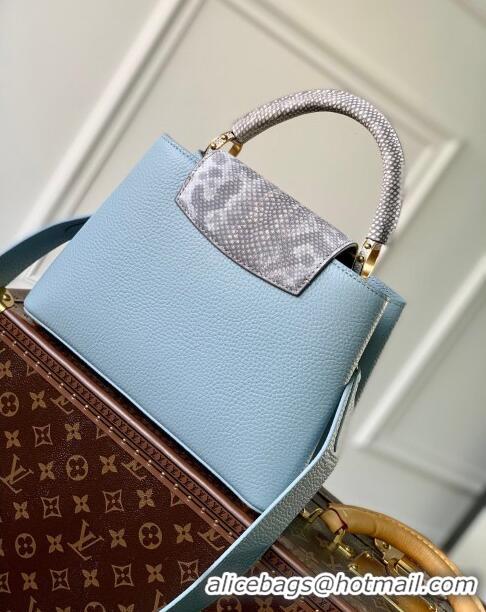 Elegant Promotional Louis Vuitton Capucines BB Bag in Taurillon Calfskin with Exotic Karung Leather M21166 Blue 2023