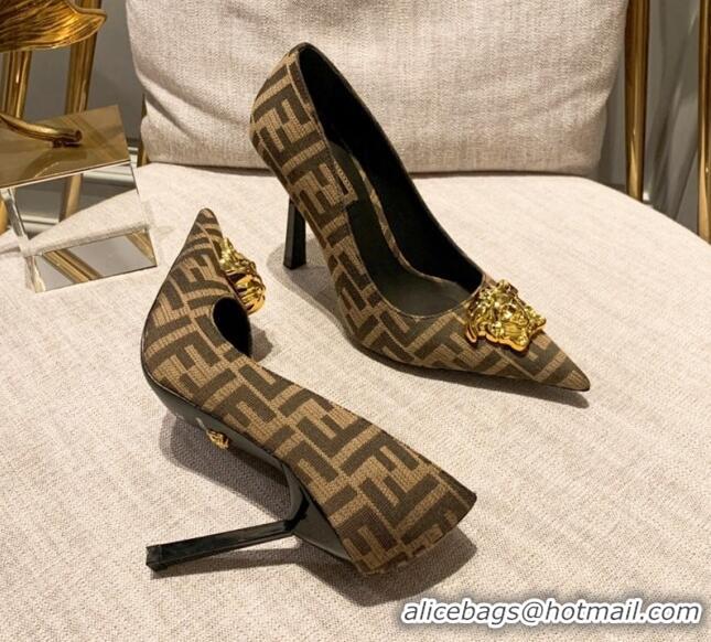 Top Grade Versace x Fendi Fendace Medusa FF Fabric High Heel Pumps 10.5cm Brown 122608