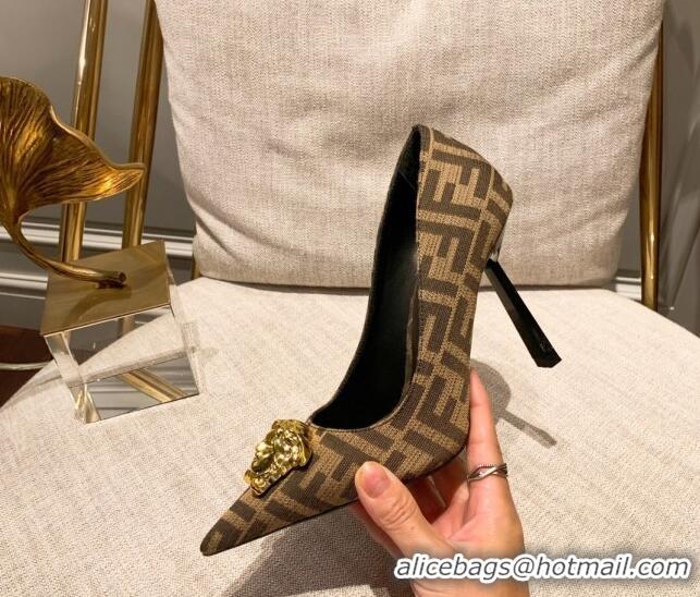 Top Grade Versace x Fendi Fendace Medusa FF Fabric High Heel Pumps 10.5cm Brown 122608