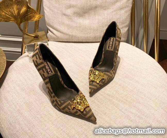 Top Grade Versace x Fendi Fendace Medusa FF Fabric High Heel Pumps 10.5cm Brown 122608