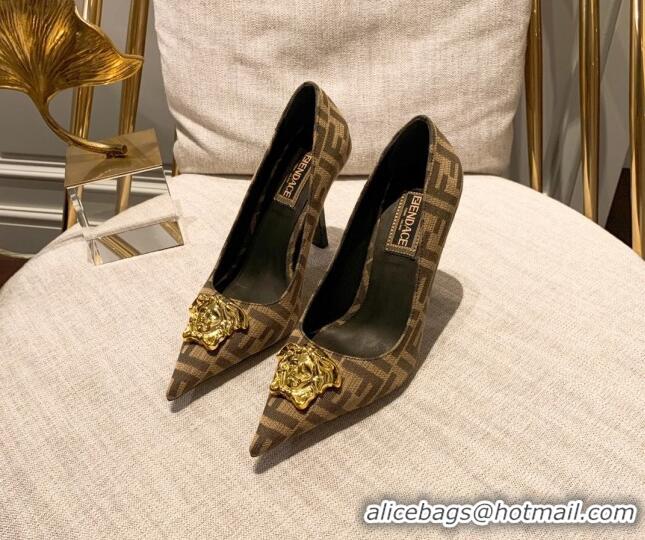 Top Grade Versace x Fendi Fendace Medusa FF Fabric High Heel Pumps 10.5cm Brown 122608