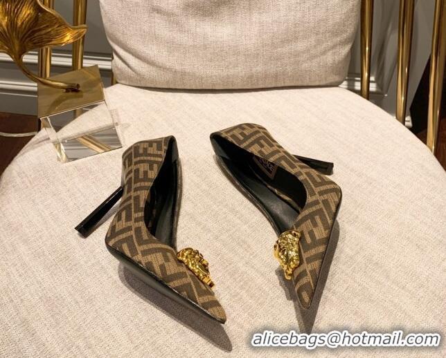 Top Grade Versace x Fendi Fendace Medusa FF Fabric High Heel Pumps 10.5cm Brown 122608