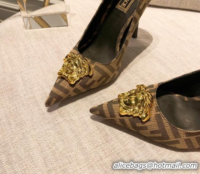 Top Grade Versace x Fendi Fendace Medusa FF Fabric High Heel Pumps 10.5cm Brown 122608