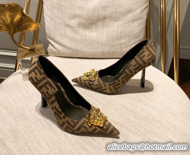 Top Grade Versace x Fendi Fendace Medusa FF Fabric High Heel Pumps 10.5cm Brown 122608