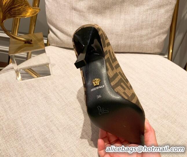 Top Grade Versace x Fendi Fendace Medusa FF Fabric High Heel Pumps 10.5cm Brown 122608