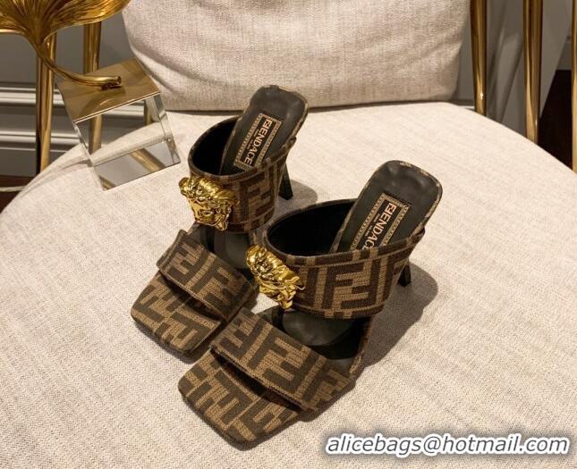 Good Quality Versace x Fendi Fendace Medusa FF Fabric High Heel Sandals 10.5cm Brown 122611