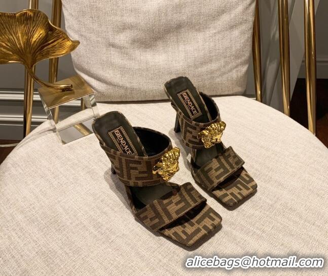 Good Quality Versace x Fendi Fendace Medusa FF Fabric High Heel Sandals 10.5cm Brown 122611