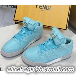 Luxury Fendi Match High Top Sneakers with Pocket in Turquoise Blue Nylon 122845