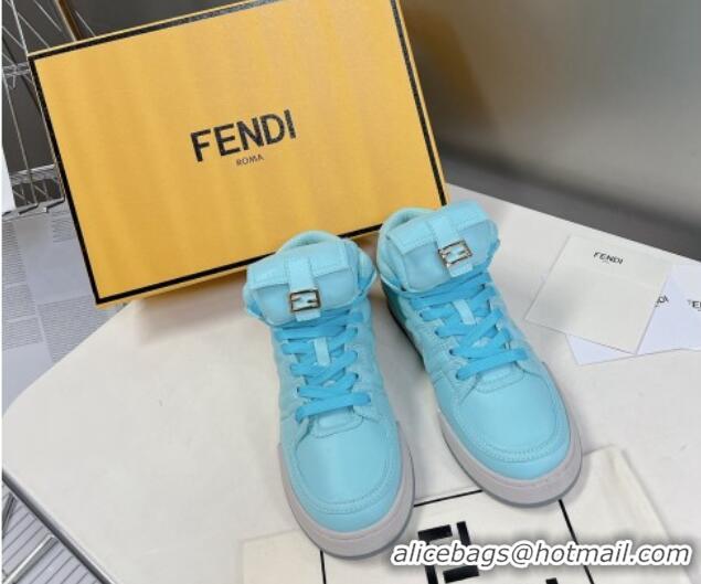 Luxury Fendi Match High Top Sneakers with Pocket in Turquoise Blue Nylon 122845