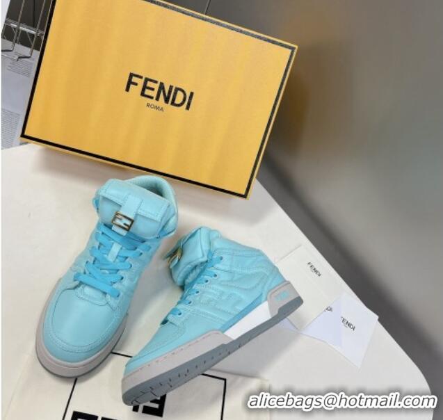 Luxury Fendi Match High Top Sneakers with Pocket in Turquoise Blue Nylon 122845