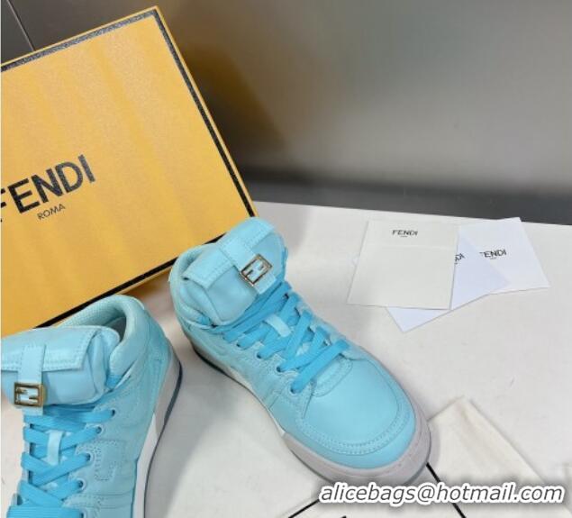 Luxury Fendi Match High Top Sneakers with Pocket in Turquoise Blue Nylon 122845