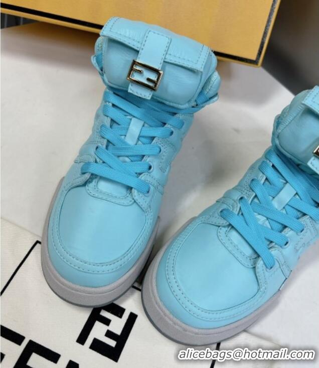 Luxury Fendi Match High Top Sneakers with Pocket in Turquoise Blue Nylon 122845