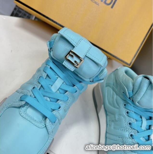 Luxury Fendi Match High Top Sneakers with Pocket in Turquoise Blue Nylon 122845