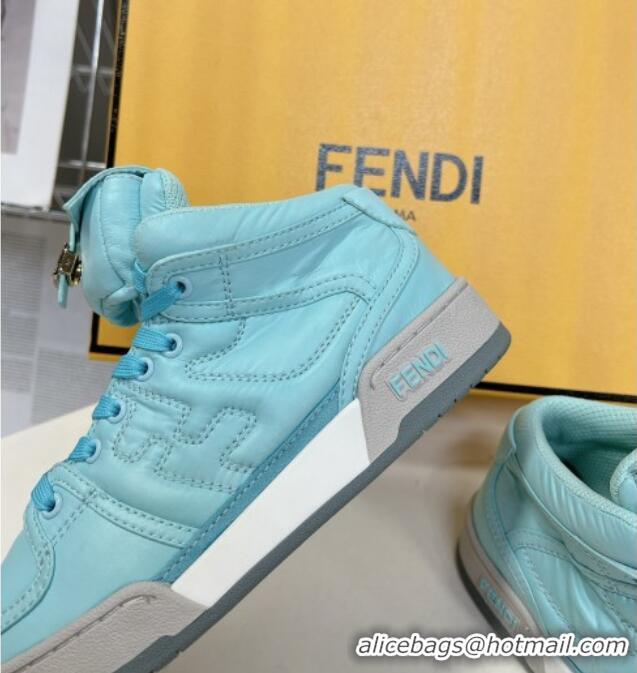 Luxury Fendi Match High Top Sneakers with Pocket in Turquoise Blue Nylon 122845