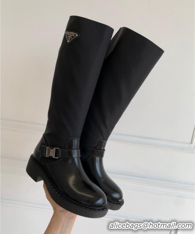 Modern Prada Brushed Leather and Re-Nylon High Boots P112511 Black