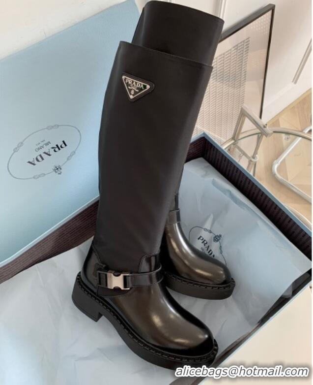 Modern Prada Brushed Leather and Re-Nylon High Boots P112511 Black