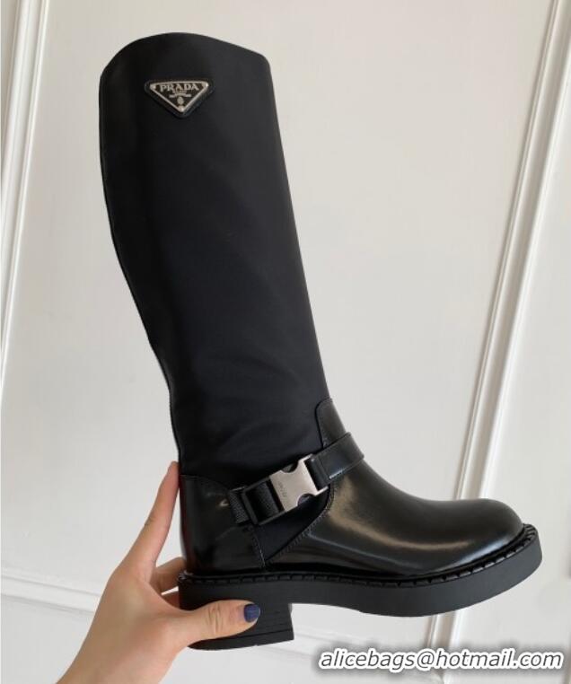 Modern Prada Brushed Leather and Re-Nylon High Boots P112511 Black