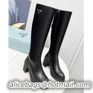 Luxury Prada Calfskin Leather & Fabric High Boots with 8.5cm Heel P112506 Black