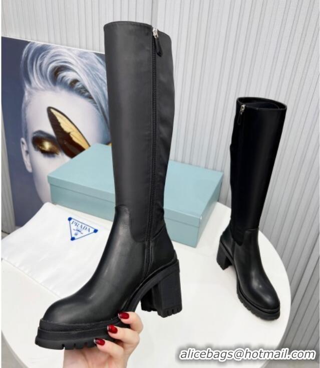 Luxury Prada Calfskin Leather & Fabric High Boots with 8.5cm Heel P112506 Black