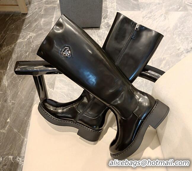 Luxury Prada Brushed Leather High Boots P112503 Black